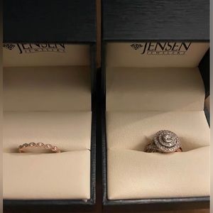 Rose Gold Halo Engagement and Wedding ring set.